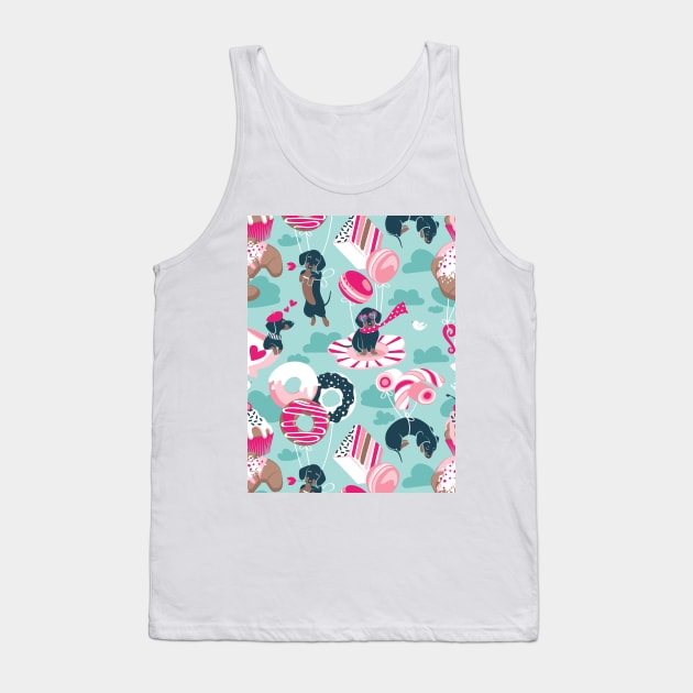 Pastel café sweet love dream // pattern // aqua background fuchsia pink pastry details blue dachshund dog puppies Tank Top by SelmaCardoso